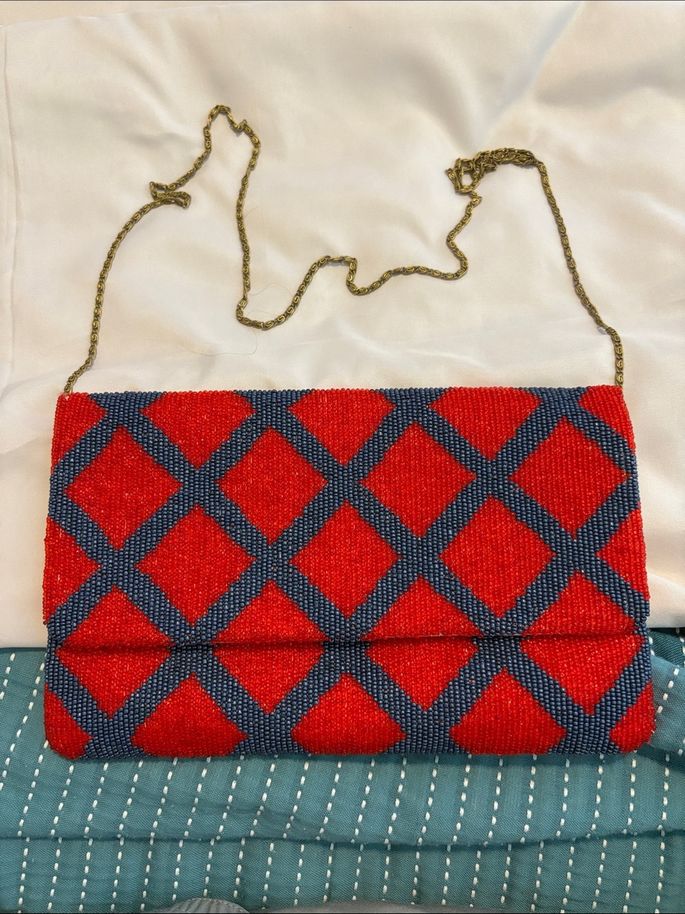 Red and Navy hand Beaded Diamond-Pattern Foldover Clutch with Chain